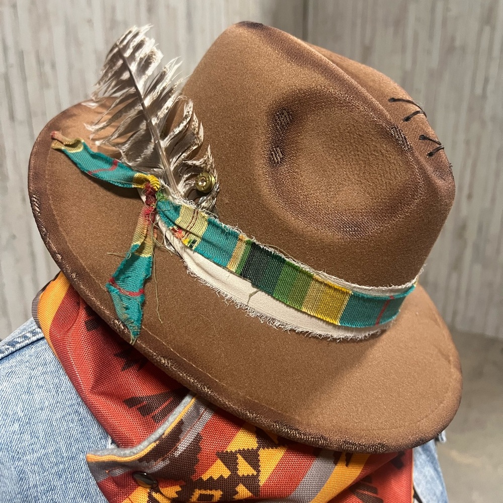 Brown Fedora Hat with Feather and Multicolor Band